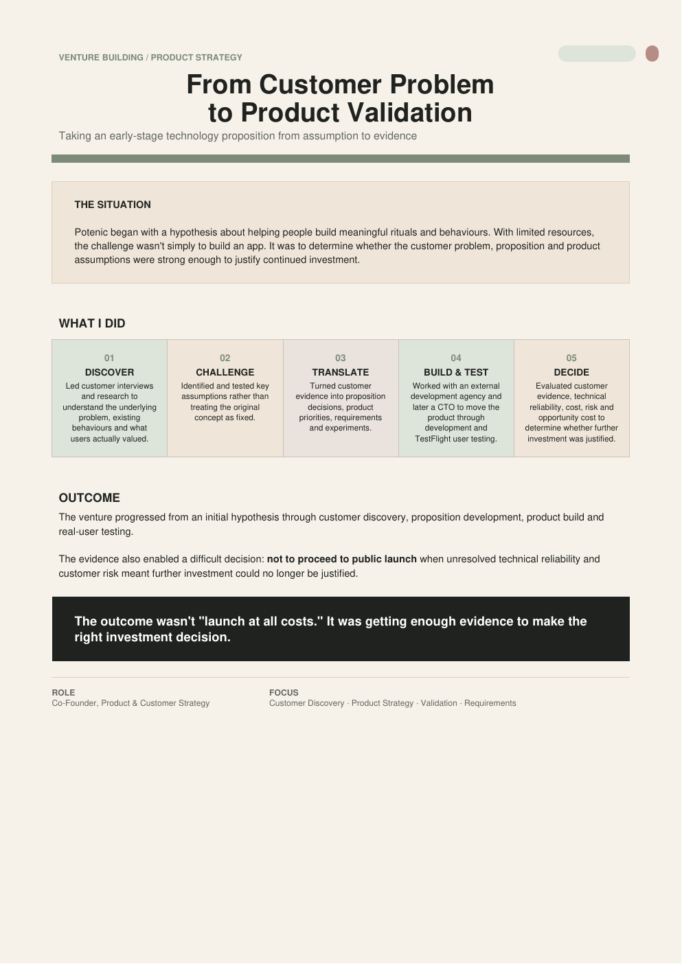 First-page preview of the original Potenic customer problem to product validation case study