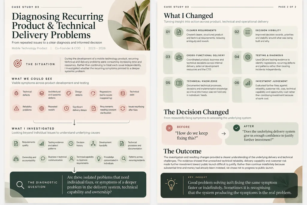 Two-page overview of the product and technical delivery case, showing recurring symptoms, investigation, changes and the investment decision
